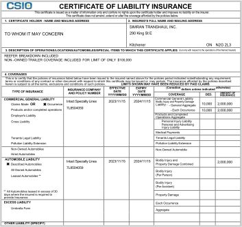 Certificate of Liability Insurance